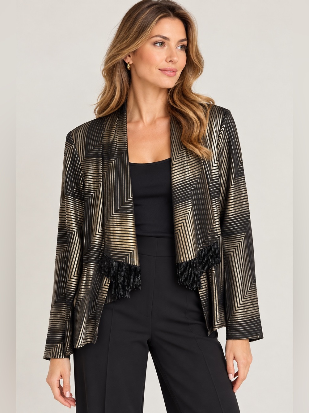 Joseph Ribkoff Metallic Geometric Fringe Open Front Jacket Size 10